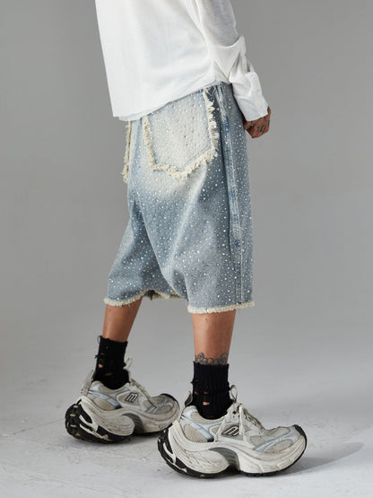 Vintage-Inspired Rhinestone Embellished Denim Jorts