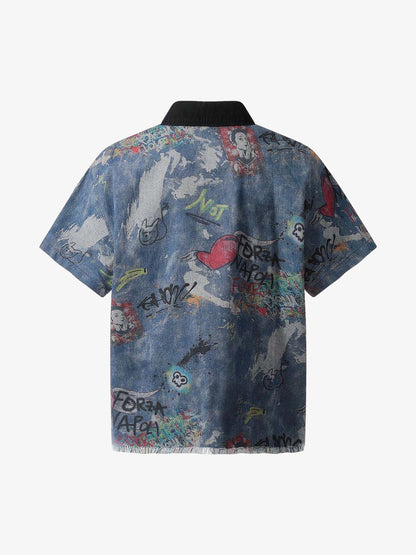 Graffiti-Style Tie-Dye Denim Polo Tee