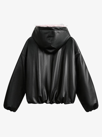Quilted Pink Leather Jacket with Fur Hood