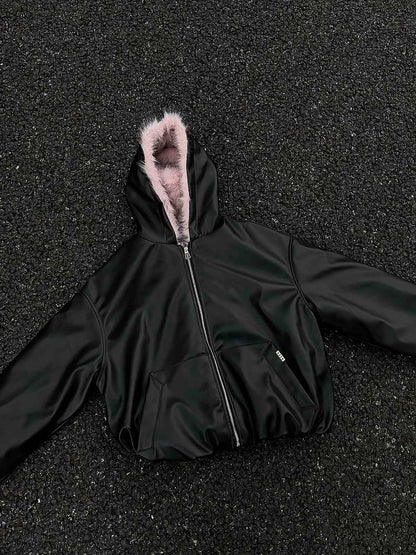 Quilted Pink Leather Jacket with Fur Hood