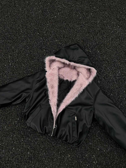 Quilted Pink Leather Jacket with Fur Hood