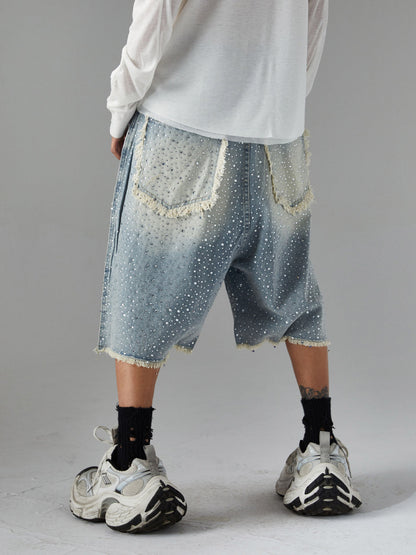 Vintage-Inspired Rhinestone Embellished Denim Jorts