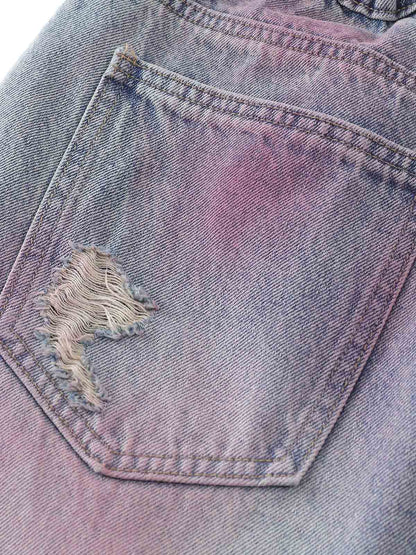Vintage-Inspired Distressed Tie-Dye Denim Shorts