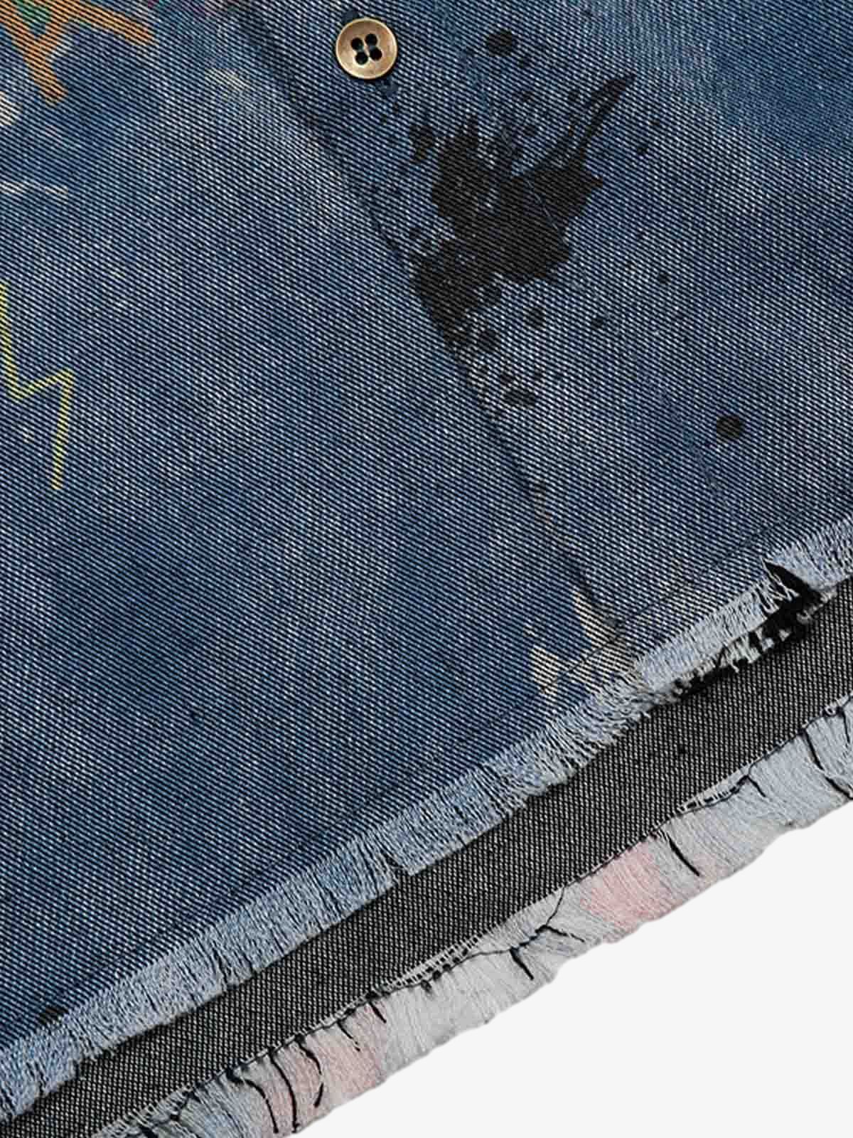 Graffiti-Style Tie-Dye Denim Polo Tee