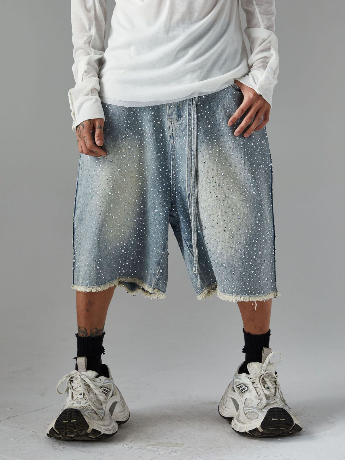 Vintage-Inspired Rhinestone Embellished Denim Jorts