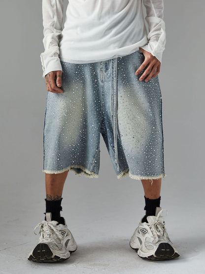 Vintage-Inspired Rhinestone Embellished Denim Jorts