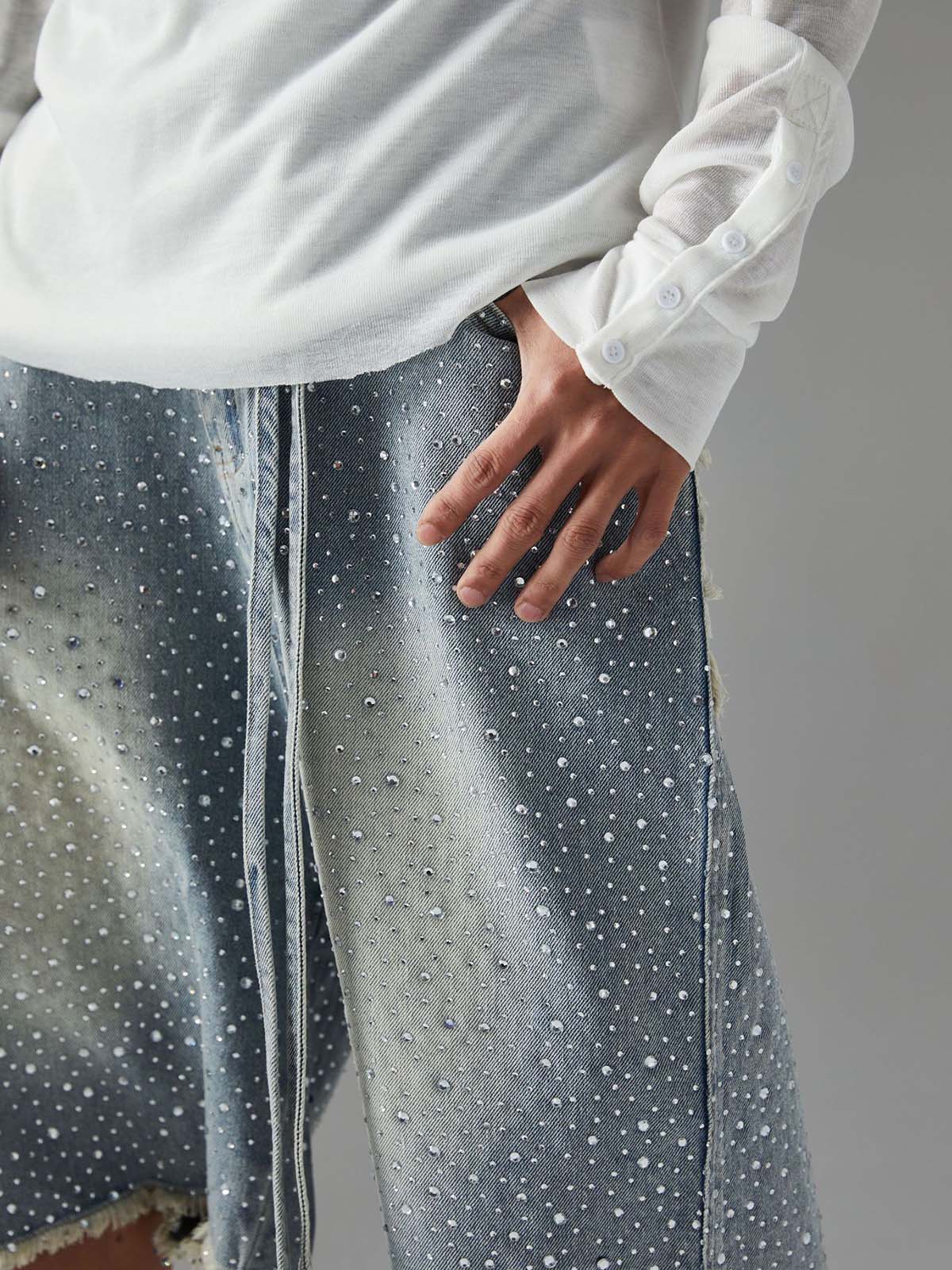 Vintage-Inspired Rhinestone Embellished Denim Jorts