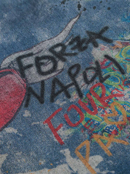 Graffiti-Style Tie-Dye Denim Polo Tee