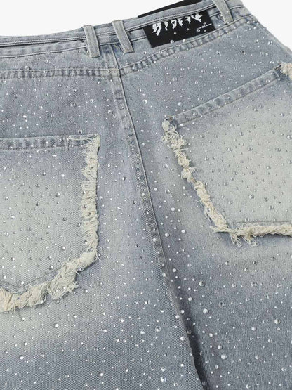 Vintage-Inspired Rhinestone Embellished Denim Jorts