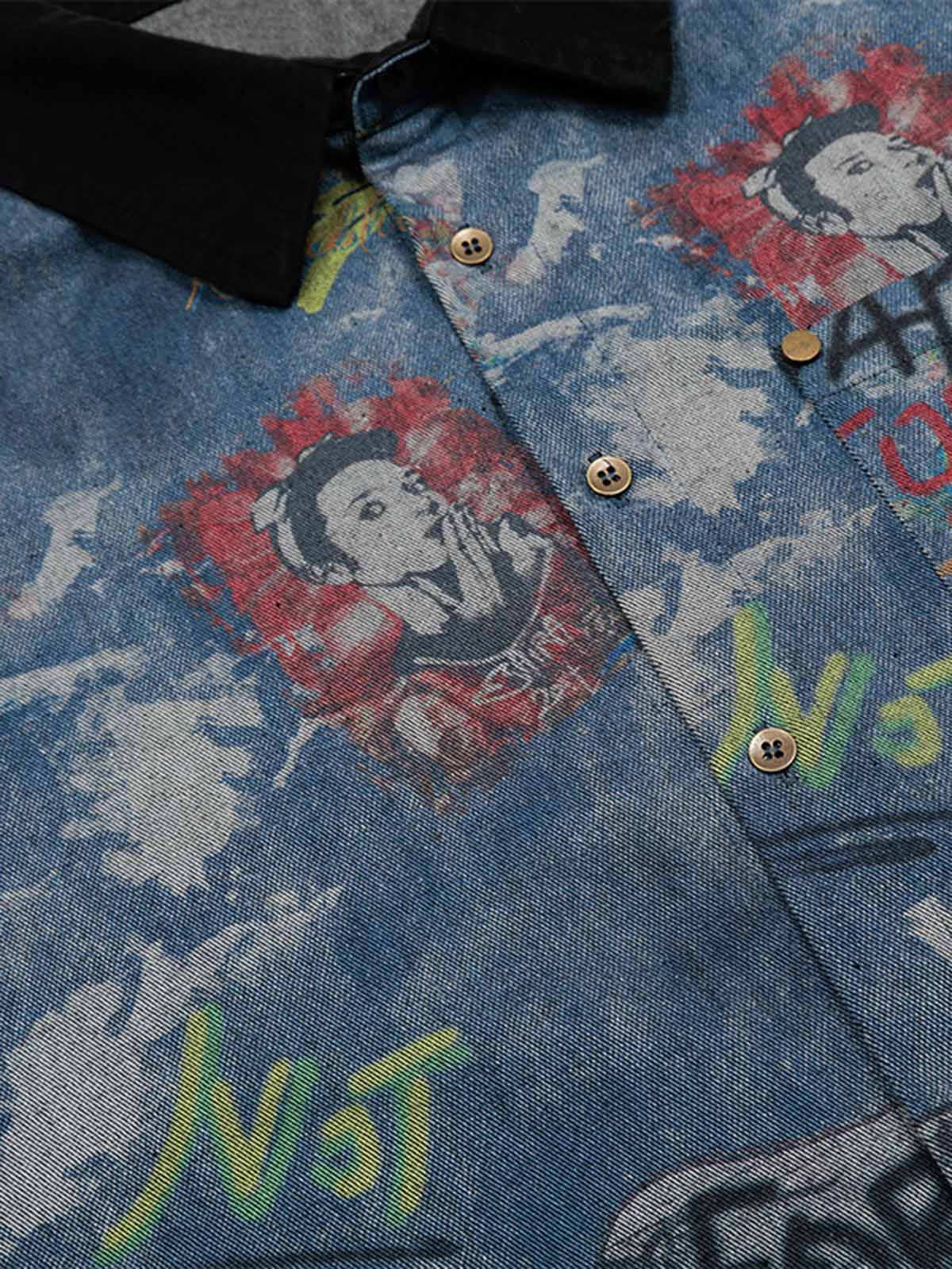 Graffiti-Style Tie-Dye Denim Polo Tee